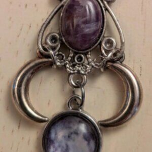 Celestial Silver Necklace - Purple Amethyst Pendant & Moon Pendant